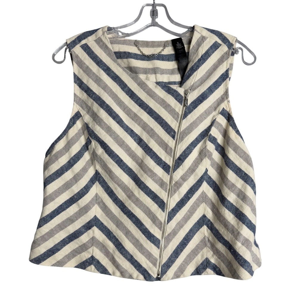 Chico's 100% Linen Vest Womens L Blue‎ Stripe Asymmetrical Lagenlook Sleeveless